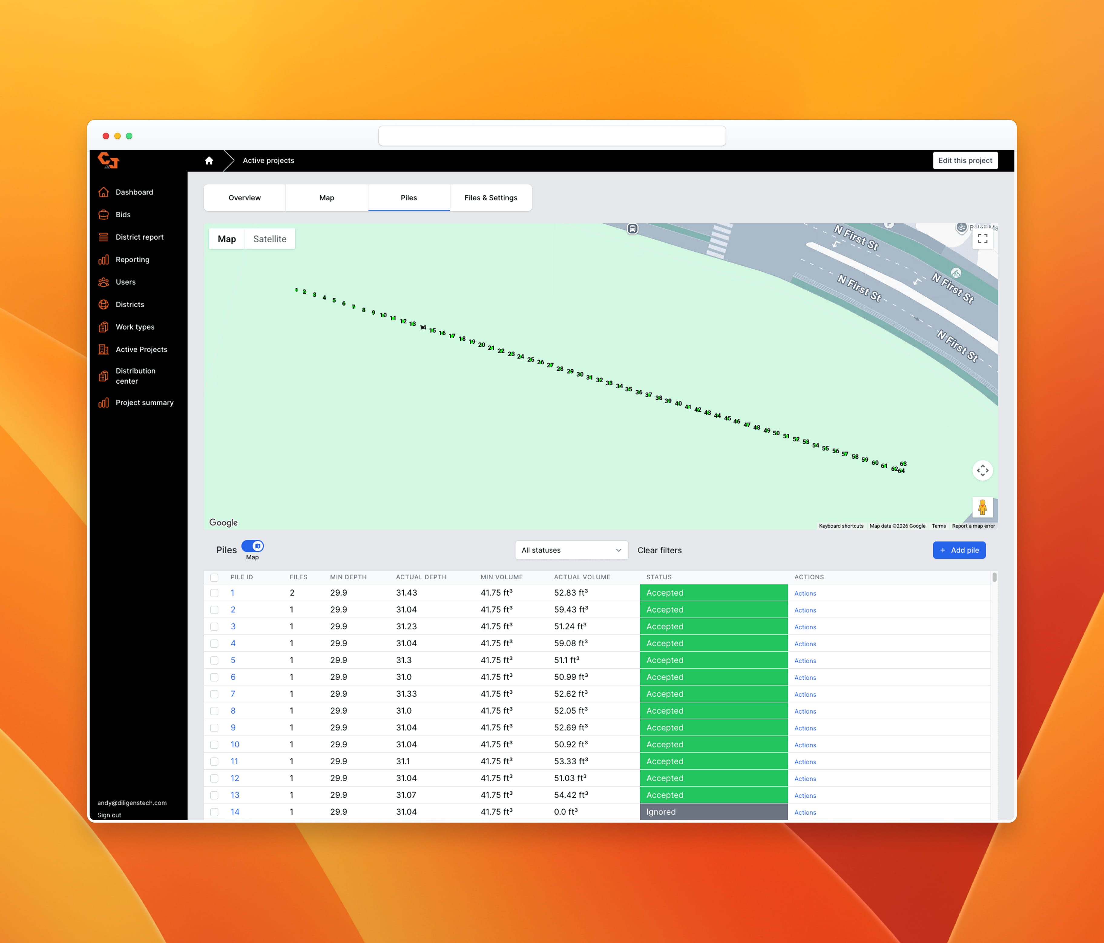 Project management dashboard mapping pile locations with automatic quality checks